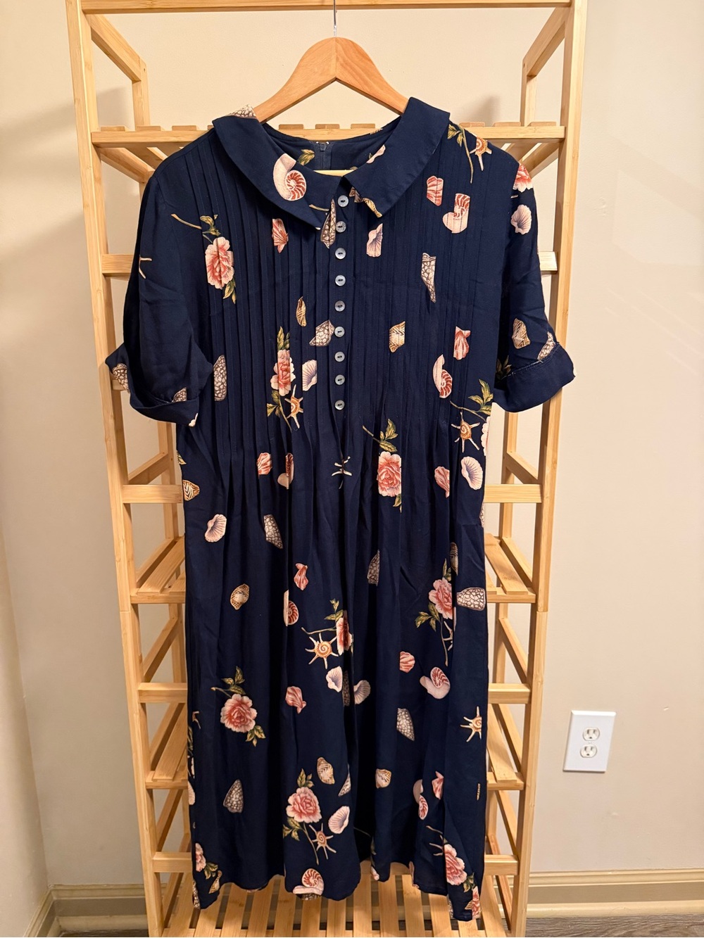Navy Floral Midi Dress with Pleated Front